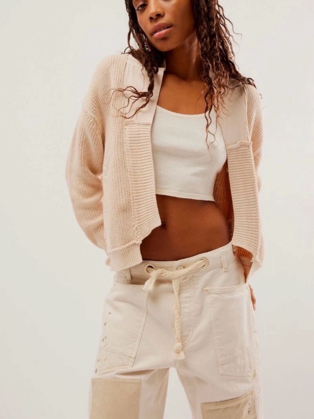 Free People 100% Cotton Worn Thru Surplus cardigan Sweater Champagne Dream large - Picture 2 of 7